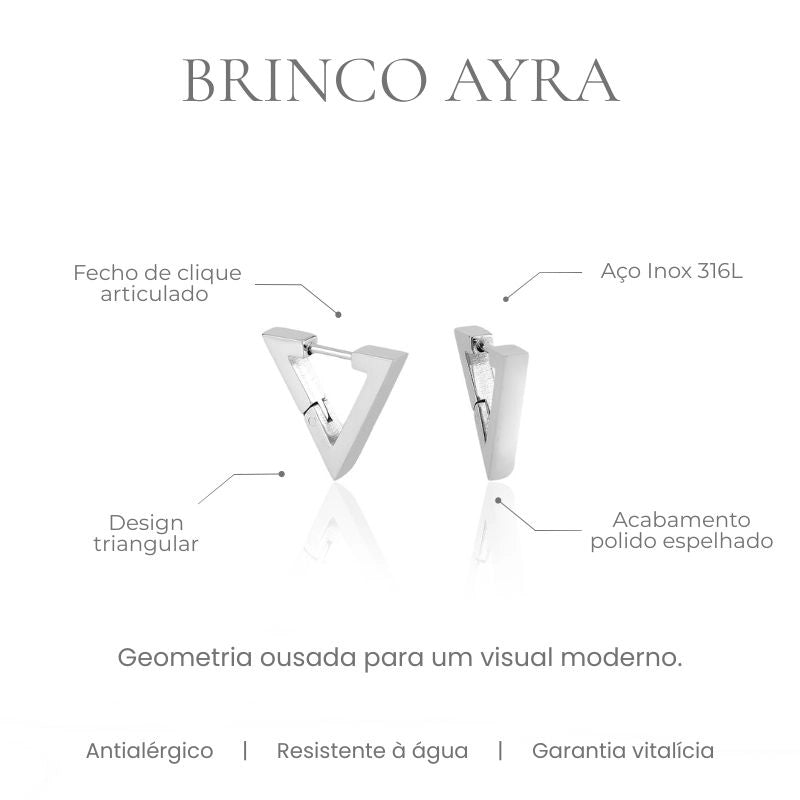Brinco Ayra design triangular geométrico em aço inoxidável 316L, acabamento polido espelhado - especificações