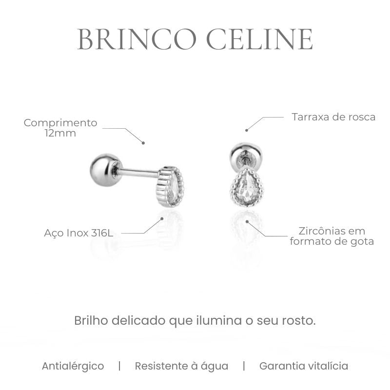 Brinco Celine gota com borda cravejada em aço inoxidável 316L, tarraxa de rosca - especificações