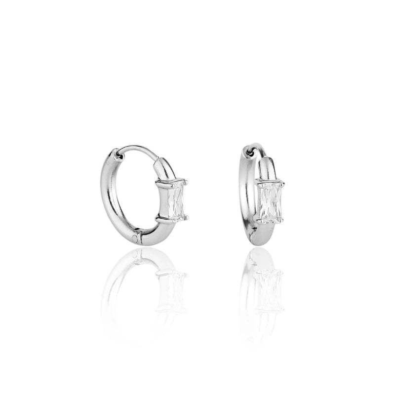 Brinco feminino argola Clara com zircônia baguete em aço inoxidável 316L - Only Steel