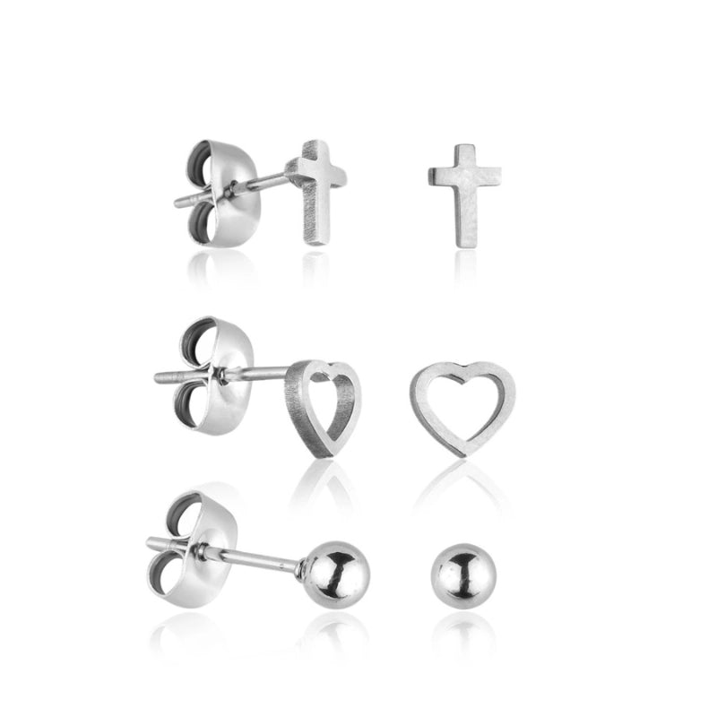 Trio de brincos Dora com cruz, coração e esfera em aço inoxidável 316L prateado - Only Steel