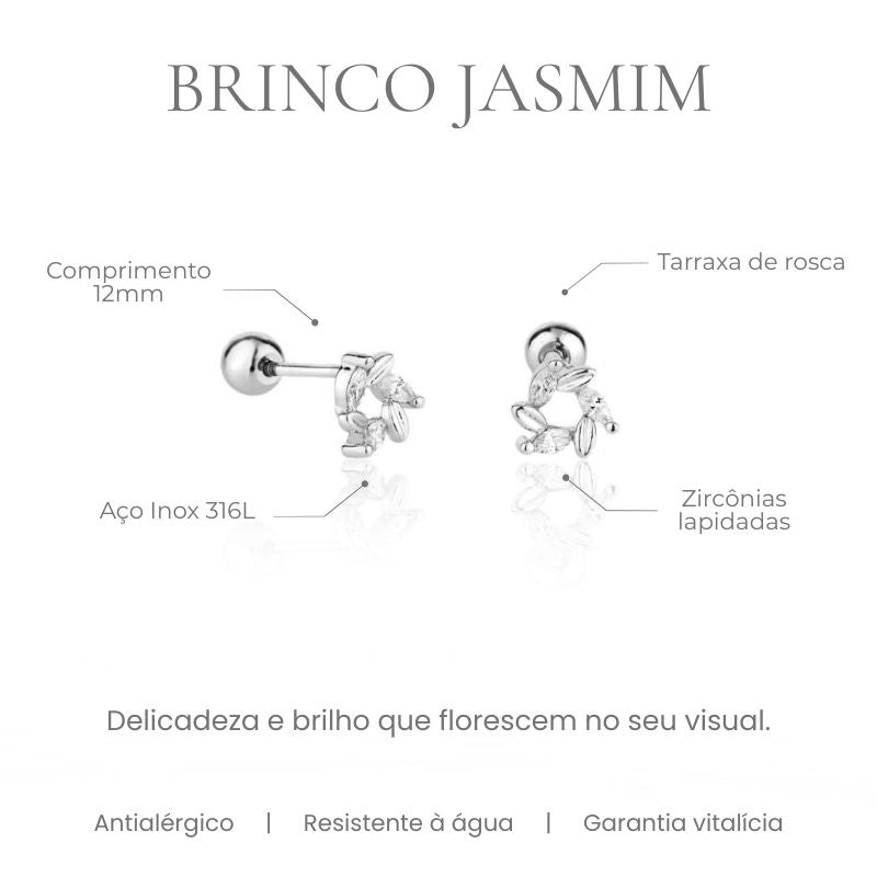 Brinco Jasmim flor com zircônias lapidadas em aço inoxidável 316L, tarraxa de rosca - especificações