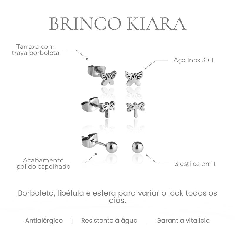 Brinco Kiara trio borboleta, libélula e esfera em aço inoxidável 316L, acabamento polido espelhado - especificações
