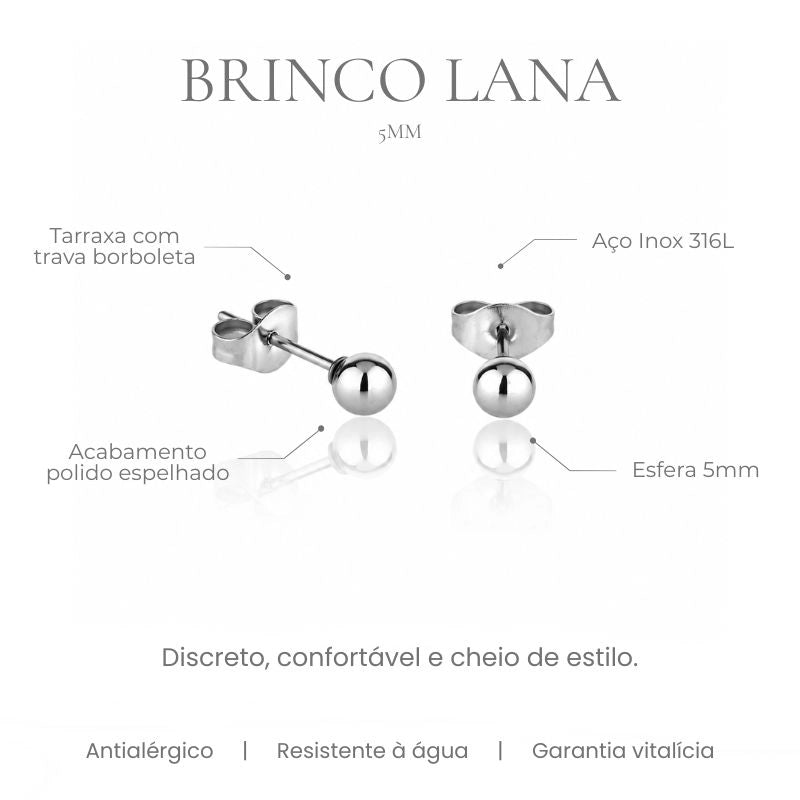 Brinco Lana bolinha 5mm, tarraxa com trava borboleta, acabamento polido espelhado - especificações