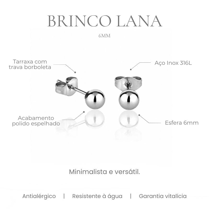 Brinco Lana em aço inoxidável 316L - especificações - 6MM