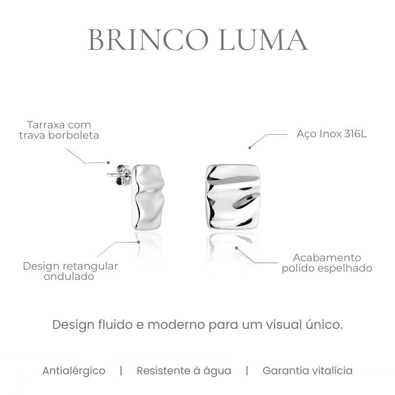 Brinco Luma retangular ondulado em aço inoxidável 316L, acabamento polido espelhado - especificações