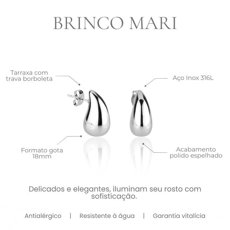 Brinco Mari formato gota 18mm em aço inoxidável 316L, acabamento polido espelhado - especificações