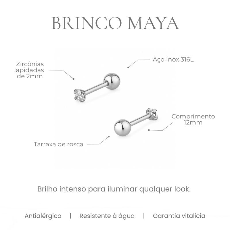 Brinco Maya piercing cravejado 2mm, zircônia lapidada, tarraxa de rosca com bola em aço inoxidável 316L - especificações