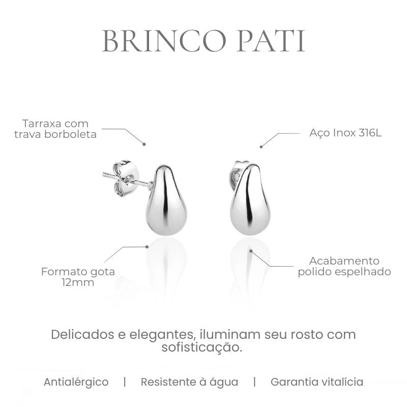 Brinco Pati formato gota pequeno 12mm em aço inoxidável 316L, acabamento polido espelhado - especificações