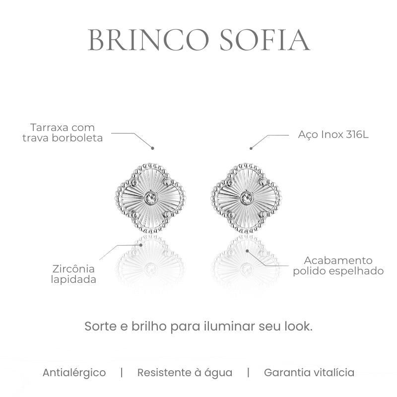 Brinco Sofia trevo com zircônia lapidada em aço inoxidável 316L, acabamento polido espelhado - especificações