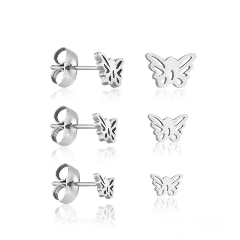 Trio de brincos borboleta Stella com 3 pares em aço inoxidável 316L prateado - Only Steel