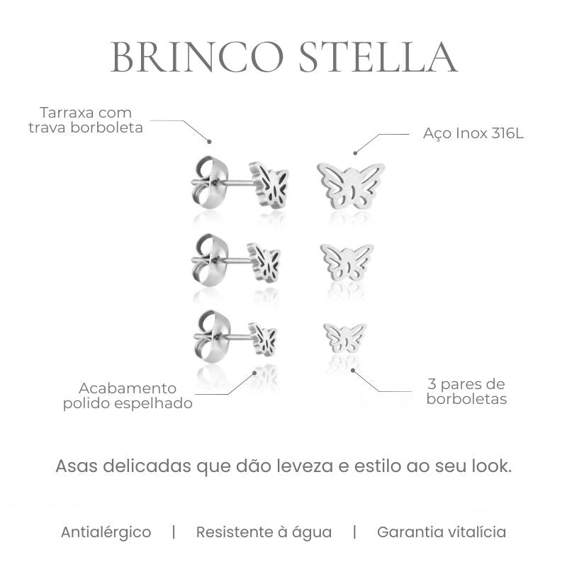 Brinco Stella trio de borboletas em aço inoxidável 316L, acabamento polido espelhado - especificações