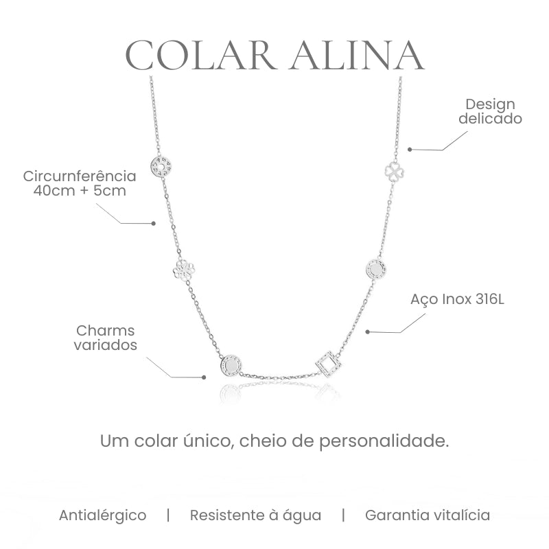 Colar Alina com pingentes variados em aço inoxidável 316L - especificações