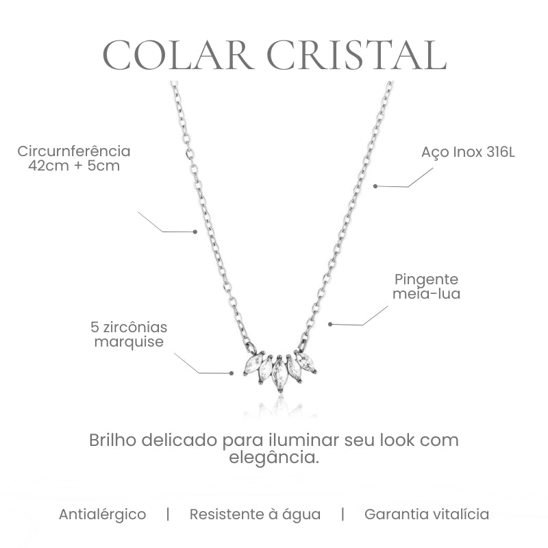 Colar Cristal meia-lua com zircônias marquise em aço inoxidável 316L - especificações
