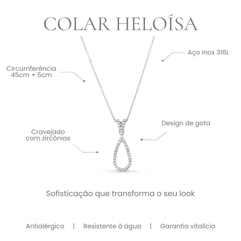 Colar Heloísa gota cravejada com zircônias em aço inoxidável 316L - especificações