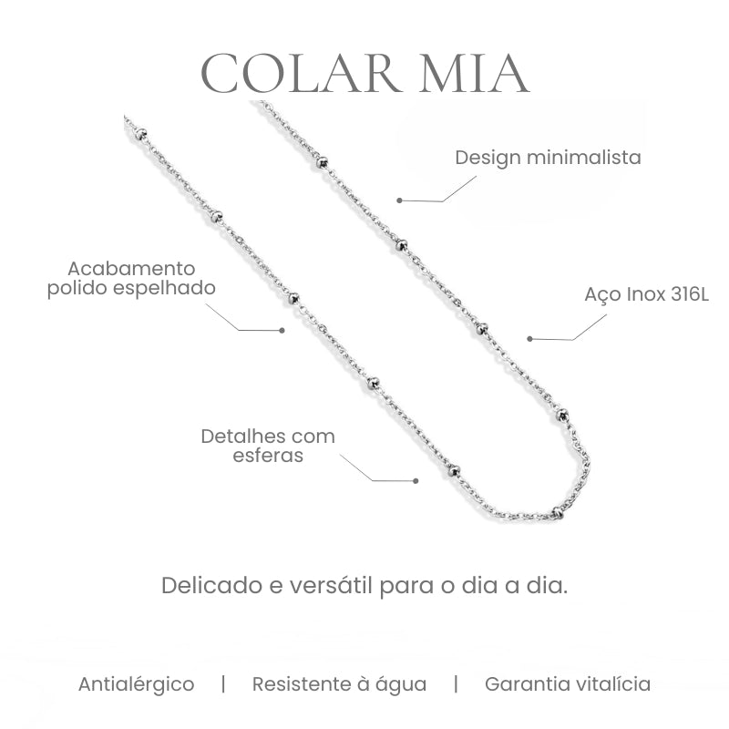 Colar Mia de bolinha em aço inoxidável 316L - especificações