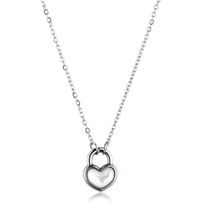 Colar feminino Nicole cadeado coração madrepérola em aço inoxidável 316L - Only Steel