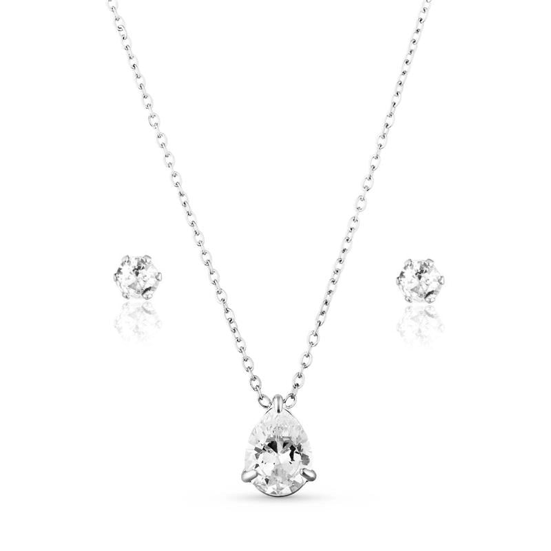 Conjunto feminino Ana colar e brinco gota com zircônia em aço inoxidável 316L - Only Steel
