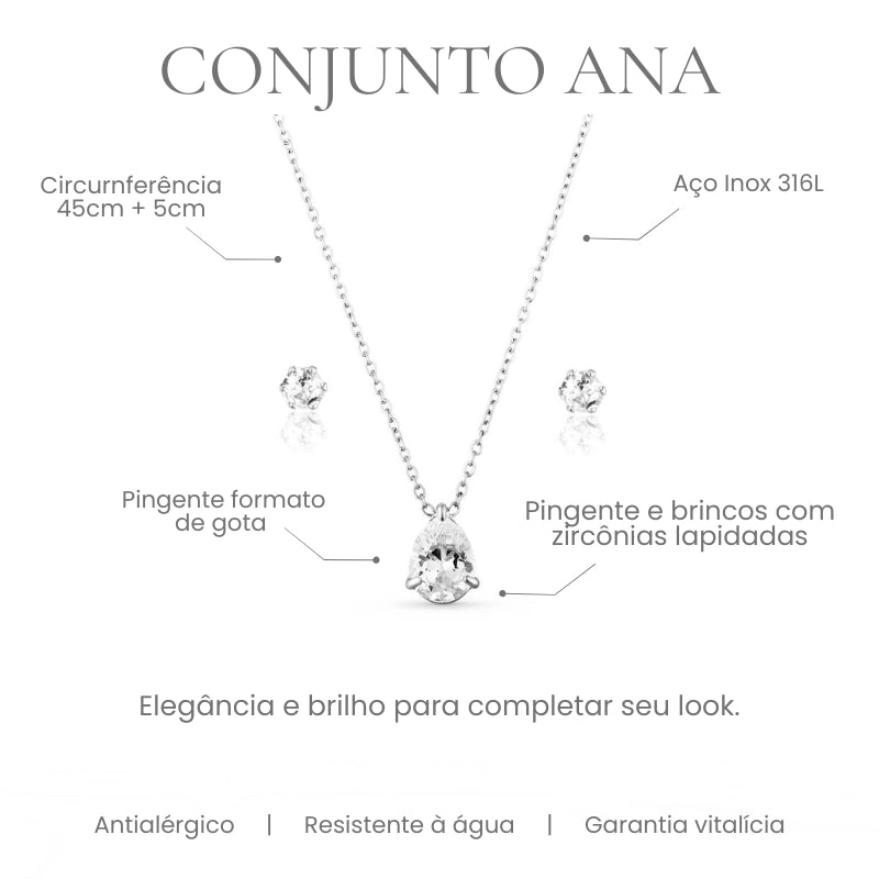Conjunto Ana colar e brinco gota com zircônia em aço inoxidável 316L - especificações