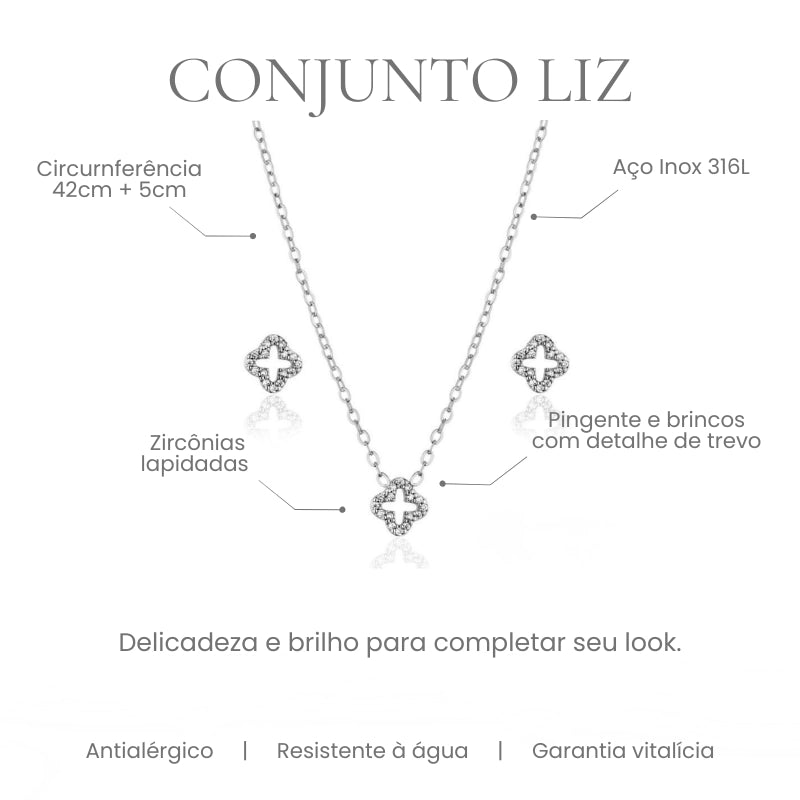 Conjunto Liz colar e brinco trevo em aço inoxidável 316L - especificações