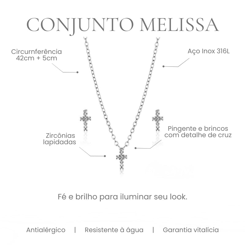 Conjunto Melissa colar e brinco cruz em aço inoxidável 316L - especificações