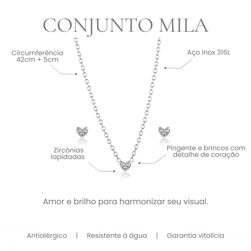 Conjunto Mila colar e brinco coração em aço inoxidável 316L - especificações