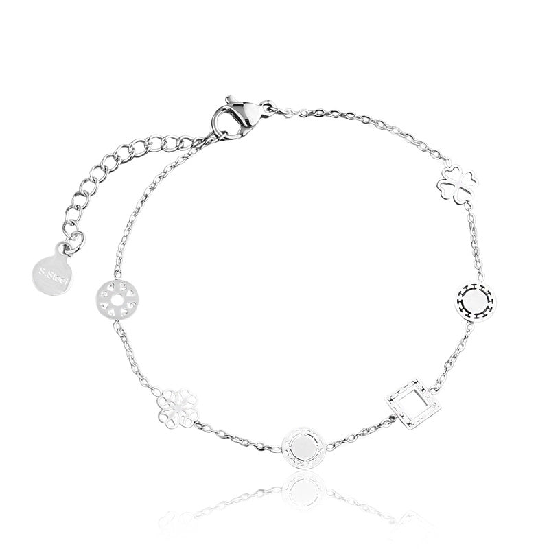 Pulseira feminina com pingentes variados Alina em aço inoxidável 316L prateado - Only Steel