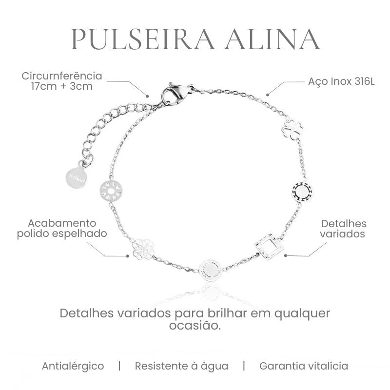 Pulseira Alina com pingentes variados em aço inoxidável 316L, acabamento polido espelhado, circunferência 17cm + 3cm - especificações