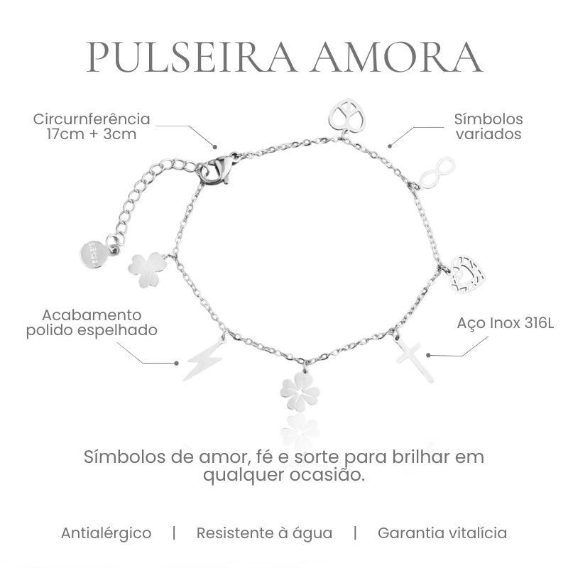 Pulseira Amora com símbolos de amor, fé e sorte em aço inoxidável 316L, acabamento polido espelhado, circunferência 17cm + 3cm - especificações
