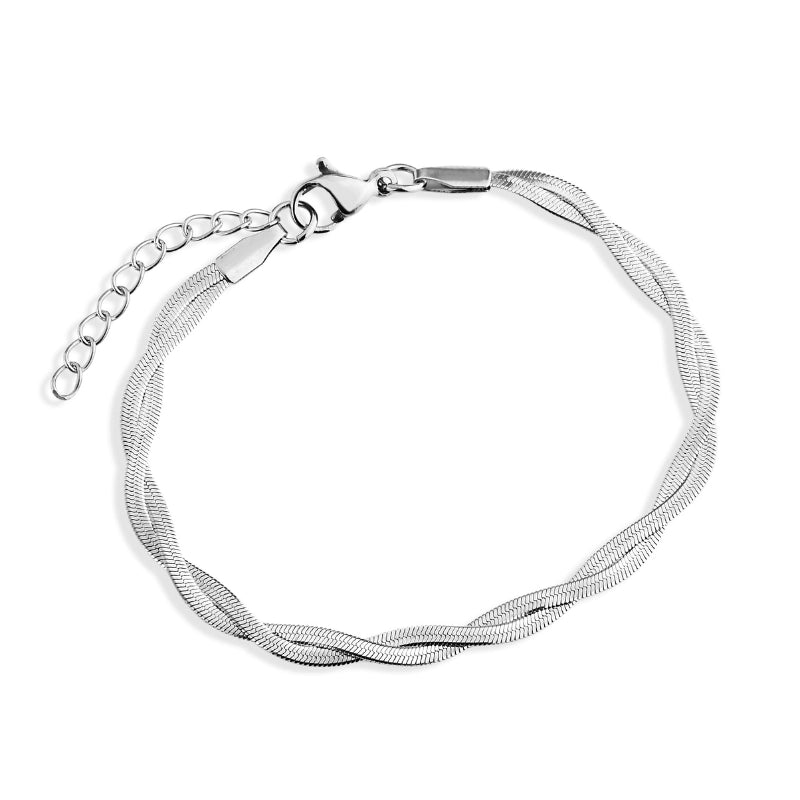 Pulseira feminina trançada Ayla com elo lacraia em aço inoxidável 316L prateado - Only Steel
