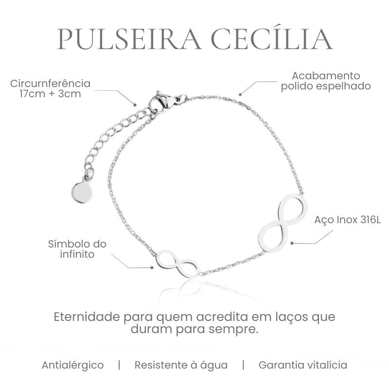Pulseira Cecília com símbolo do infinito em aço inoxidável 316L, acabamento polido espelhado, circunferência 17cm + 3cm - especificações