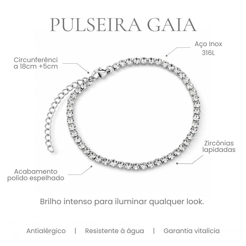Pulseira Gaia em aço inoxidável 316L com zircônias lapidadas cravejadas, acabamento polido espelhado e circunferência 18cm + 5cm - especificações