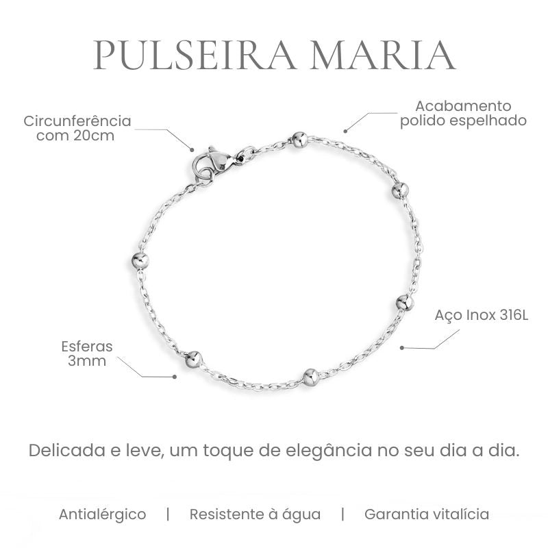 Pulseira Maria em aço inoxidável 316L com esferas 3mm, acabamento polido espelhado e circunferência 20cm - especificações