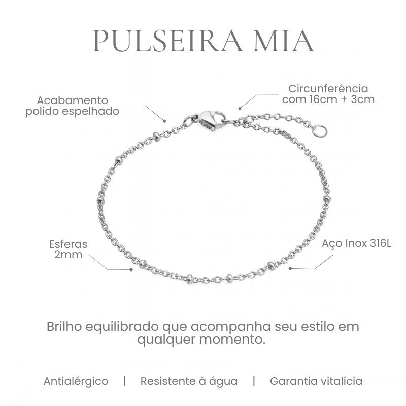 Pulseira Mia em aço inoxidável 316L com esferas 2mm, acabamento polido espelhado e circunferência 16cm + 3cm - especificações