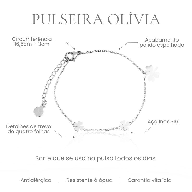 Pulseira Olívia com trevo de quatro folhas em aço inoxidável 316L, acabamento polido espelhado, circunferência 16,5cm + 3cm - especificações