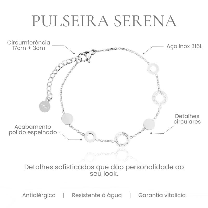 Pulseira Serena com medalhas circulares em aço inoxidável 316L, acabamento polido espelhado, circunferência 17cm + 3cm - especificações