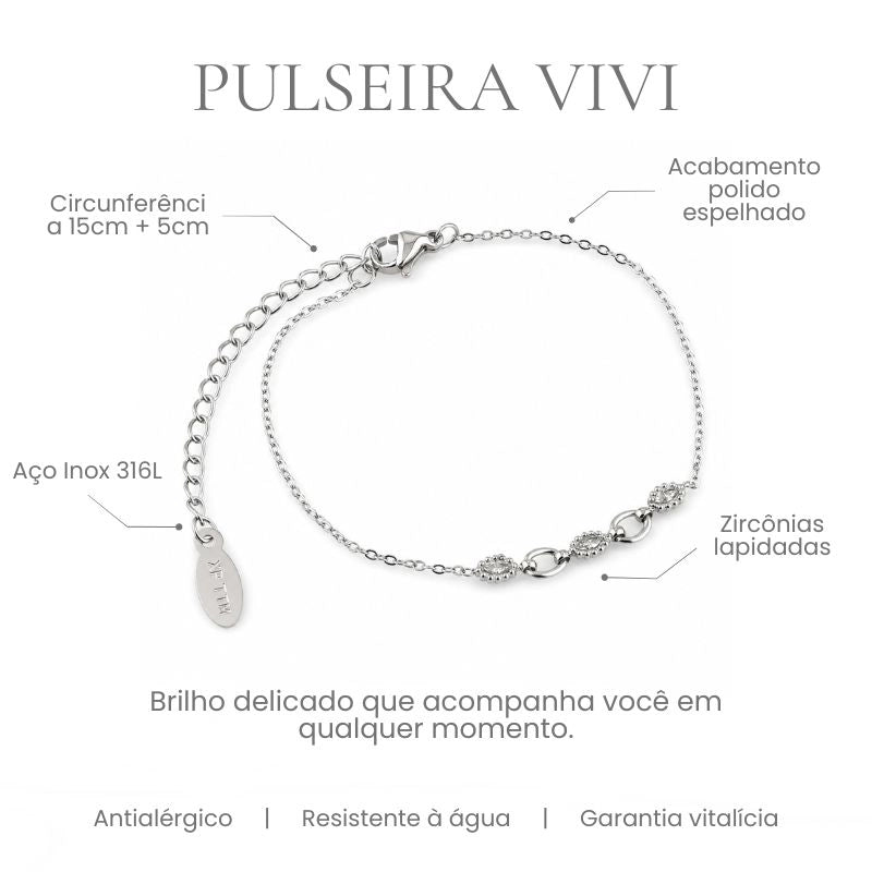 Pulseira Vivi em aço inoxidável 316L com 3 zircônias lapidadas, acabamento polido espelhado e circunferência 15cm + 5cm - especificações
